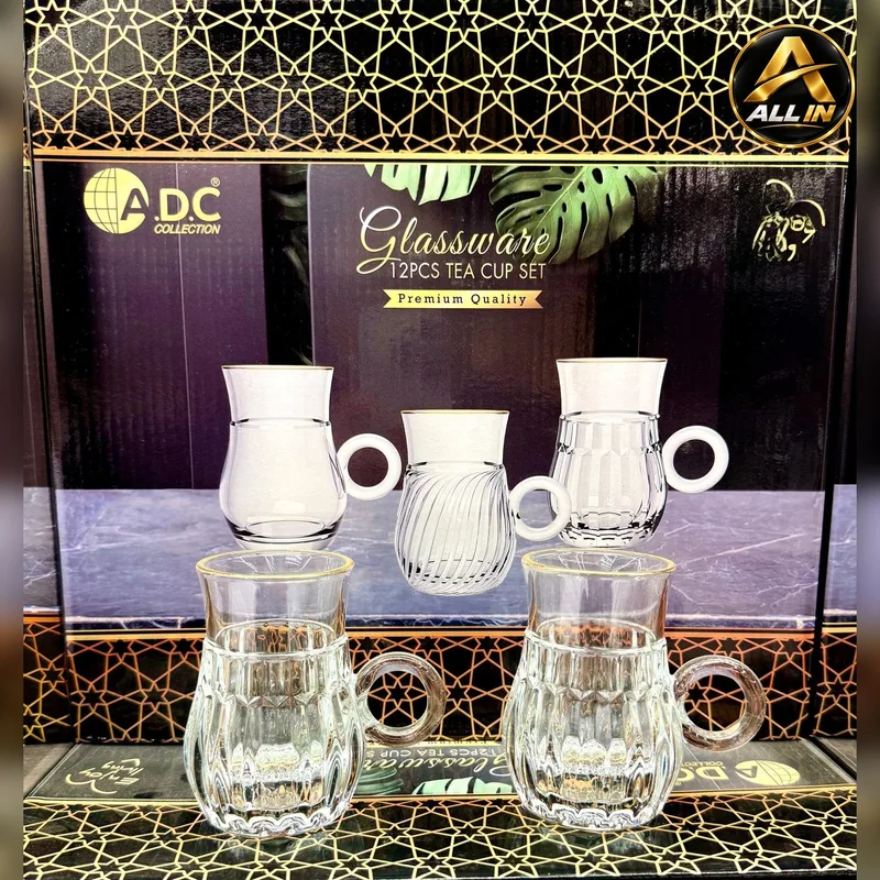 طقم كاسات شاي 12 جرة زجاج مضلع ADC0514