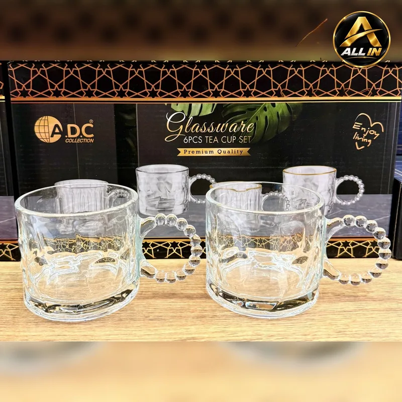 طقم كاسات شاي 6 عريض مطبع زجاج ADC0456